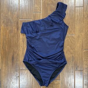 Hilor One Piece Bathing Suit Swimsuit Women's 14 Navy One Shoulder Ruffle Ruched